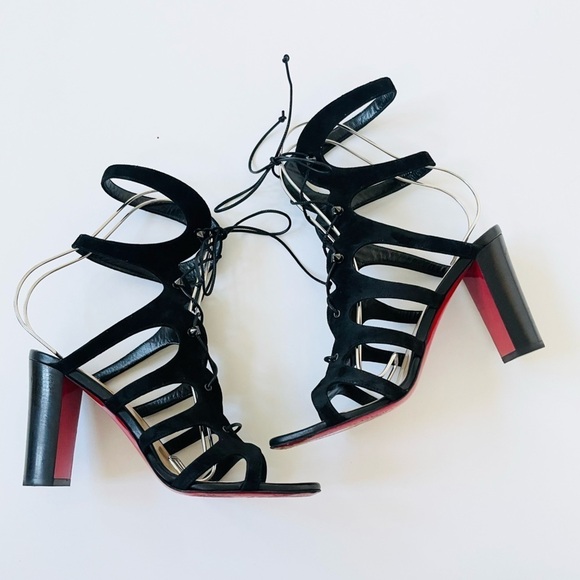 Christian Louboutin Black Suede Leather 85mm Amazoudur Gladiator Sandals EU 38.5 - Picture 10 of 10